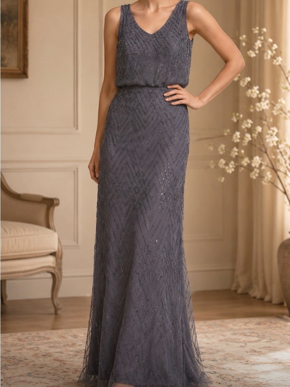* Anthropologie BHLDN Blaise Hydrangea Beaded Gray Maxi Dress
